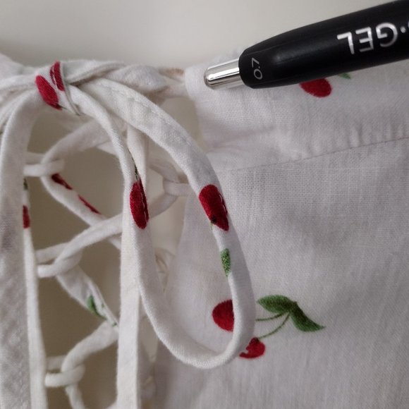 Forever 21 White Cherry Print Sweetheart Lace Up Chest Linen Romper - Picture 12 of 13